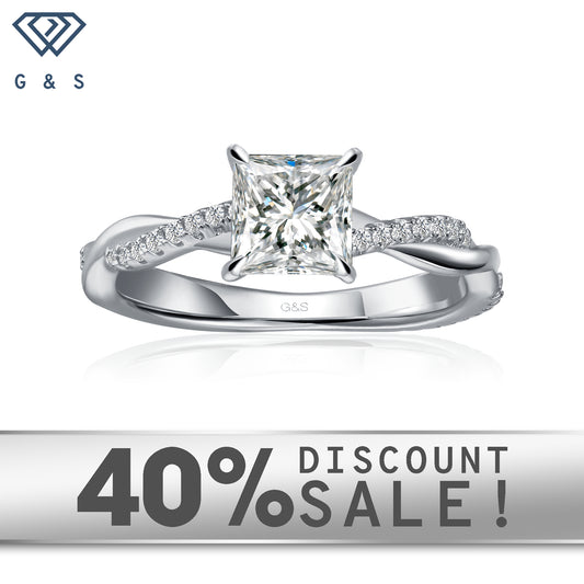 Timeless Infinity princess cut moissanite engagement ring set in 9ct white gold.