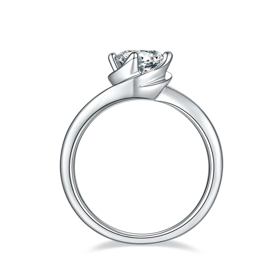 This sterling silver engagement ring features a dazzling 1.00ct moissanite center stone held securely by an intricate twist basket setting.
