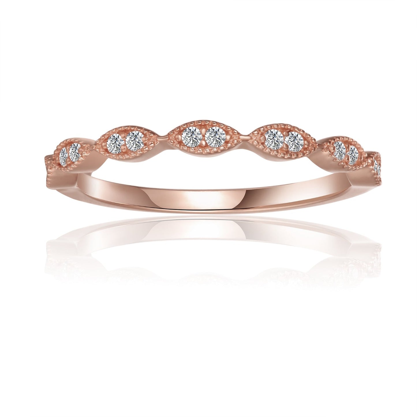 Elegant 9ct rose gold wedding band set with a vintage design and sparkling moissanites.