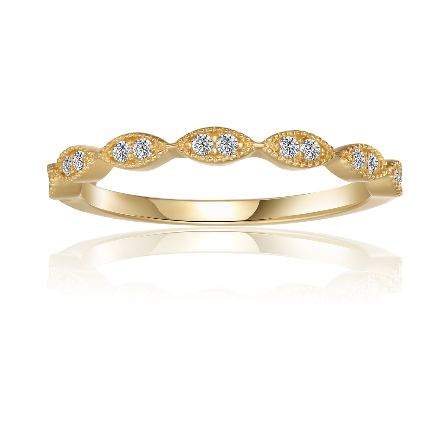 These wedding bands showcase a timeless vintage design, with delicate milgrain details and shimmering moissanites set in polished 9ct yellow gold.