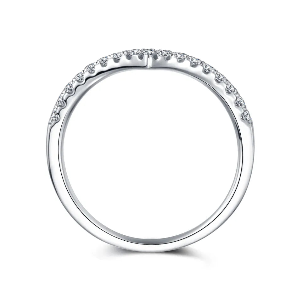 Celebrate your love with these distinctive wishbone wedding bands, set with shimmering moissanites in 9ct white gold.
