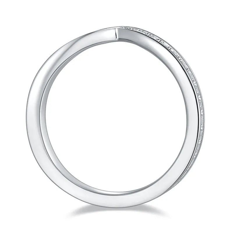 A stunning eternity band in a distinctive wishbone shape, completely covered in dazzling pave-set moissanites that catch the light from every angle.