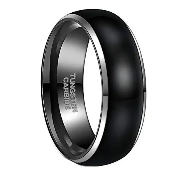 Beveled Edge Black Tungsten Ring With Silver Detail