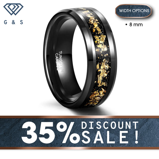 Black Beveled Edge Tungsten Carbide Ring with Gold Foil Inlay