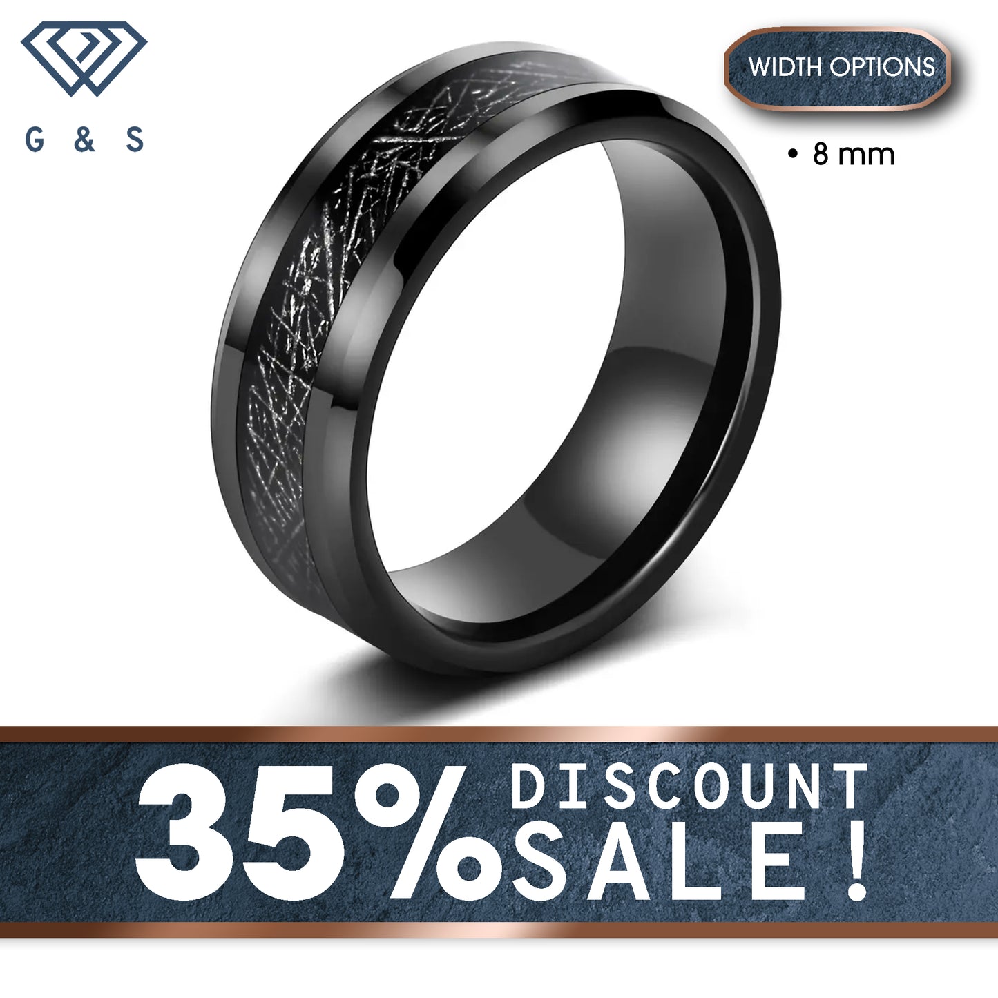 Black Beveled Edge Tungsten Carbide Ring with Silk Inlay