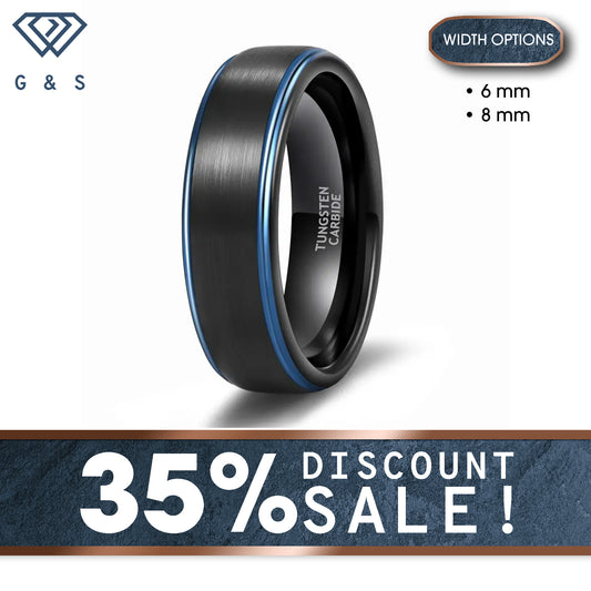 Black Brushed Centre With Blue Polish Edges Tungsten Ring