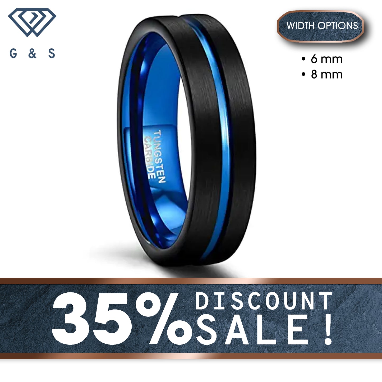 Black Brushed Tungsten Carbide Ring With Blue Centre Groove