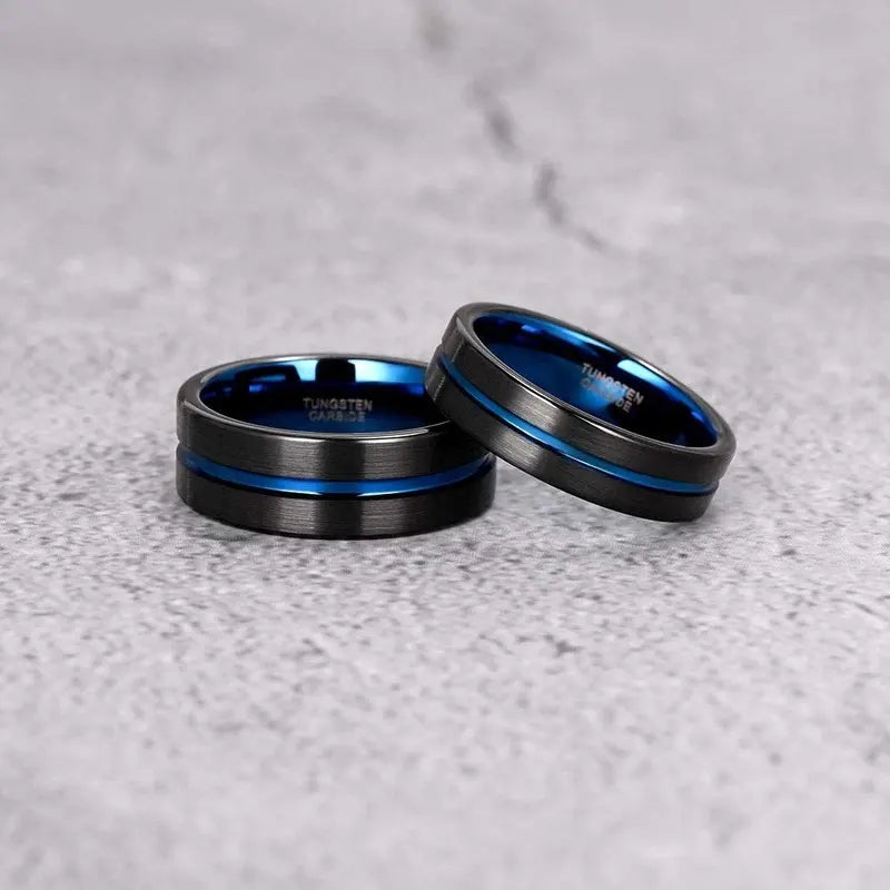 Black Brushed Tungsten Carbide Ring With Blue Centre Groove