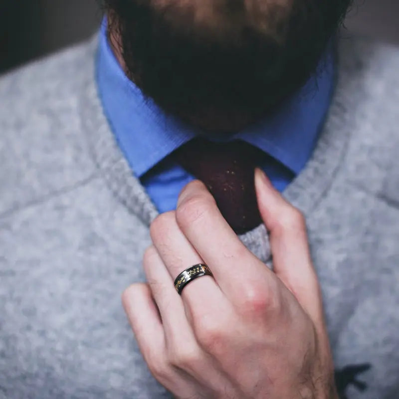 Black Beveled Edge Tungsten Carbide Ring with Gold Foil Inlay