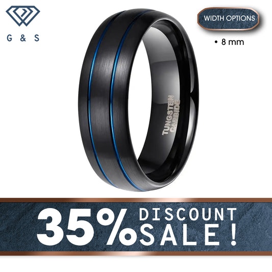 Black Tungsten Ring With Double Blue Grooves