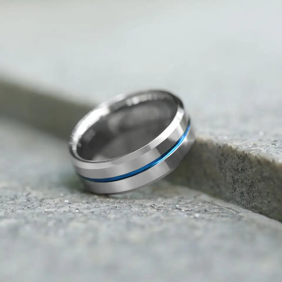 Tungsten Ring With Blue Centre Groove