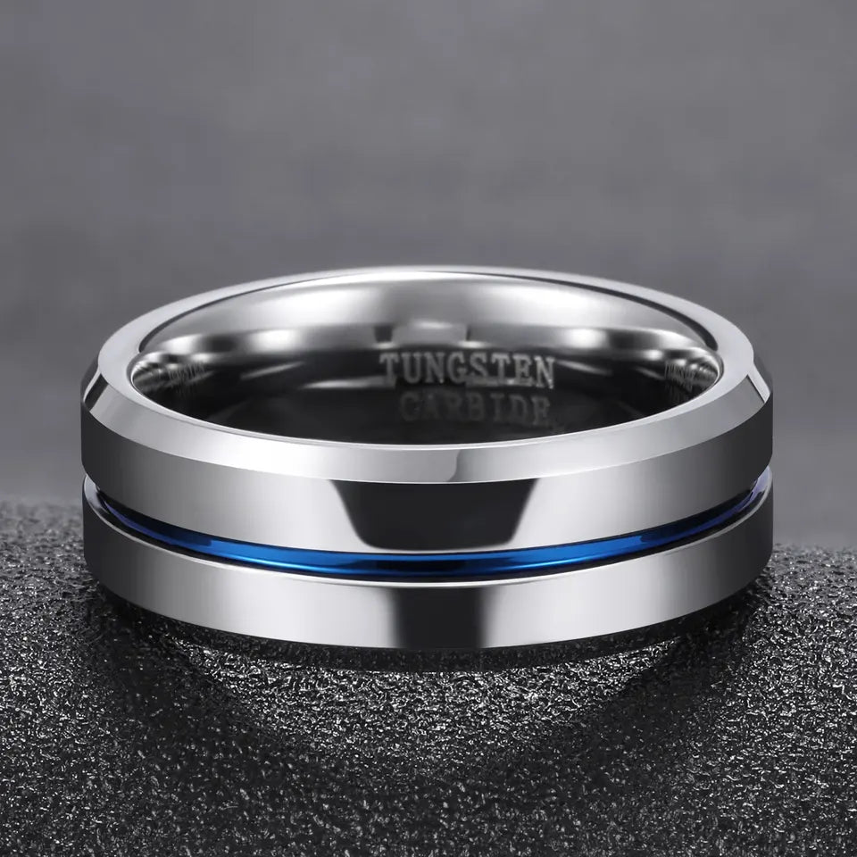 Tungsten Ring With Blue Centre Groove