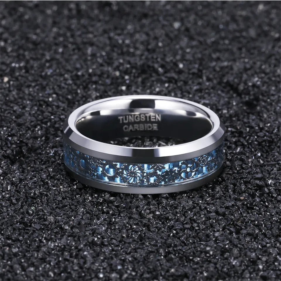 Tungsten Ring With Blue Gear Inlay