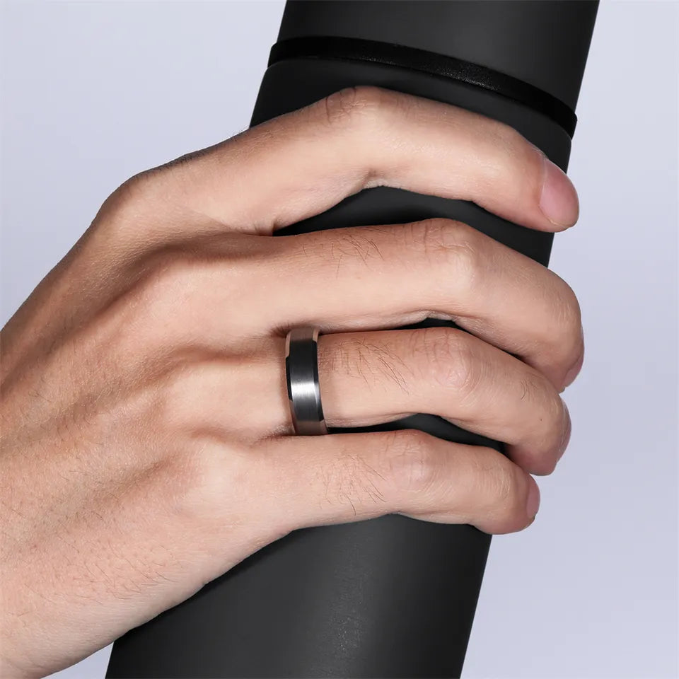 Brushed Beveled Edge Tungsten Carbide Ring With Blue Inner