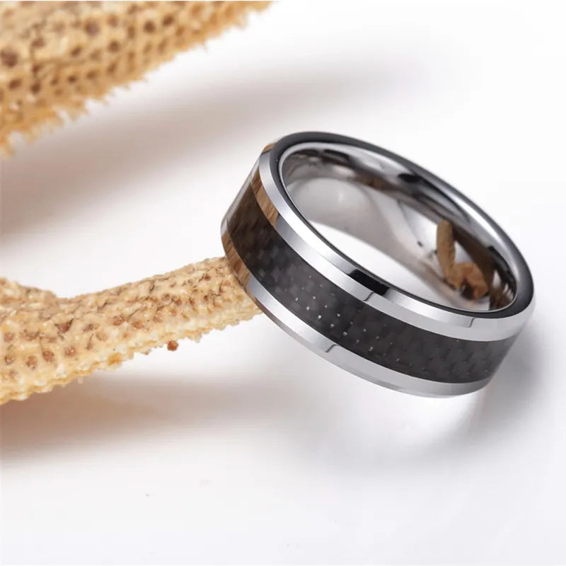 Carbon Fiber Inlay Silver Tungsten Carbide Ring
