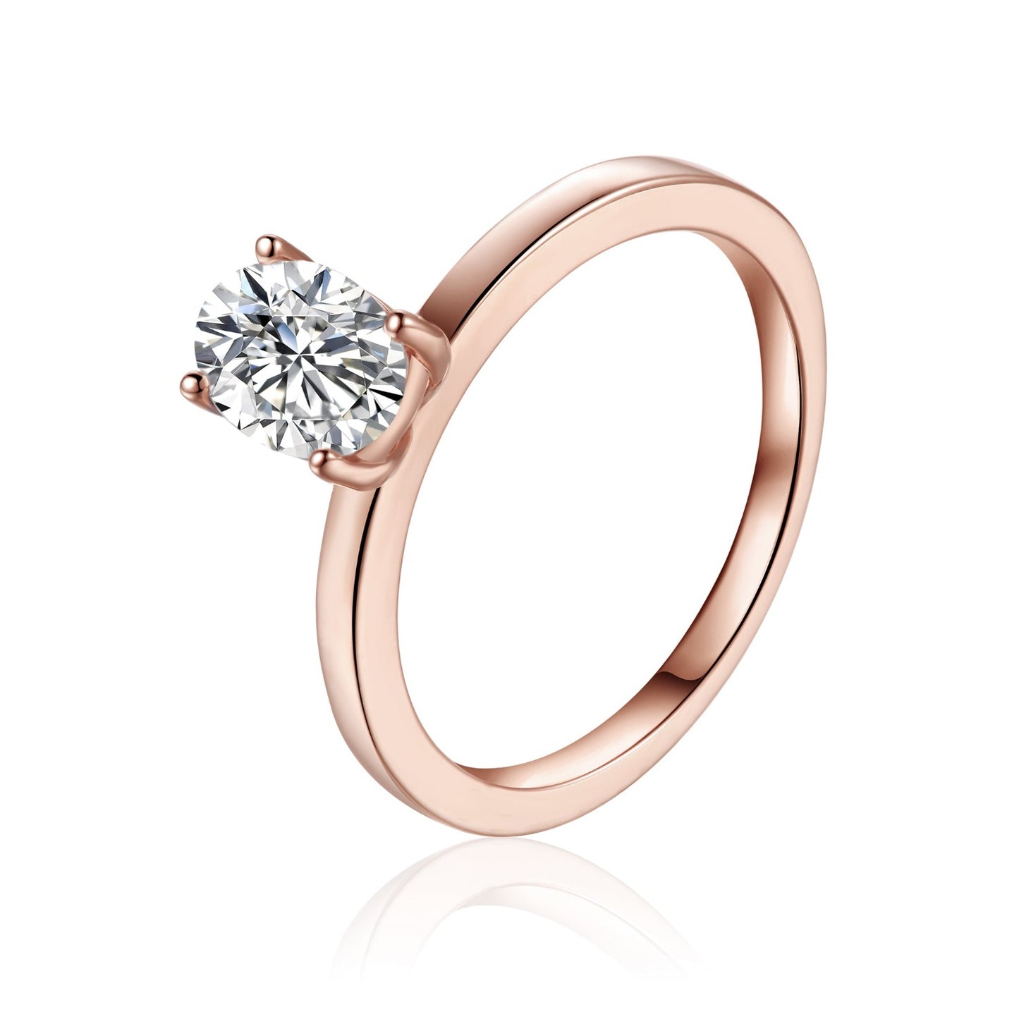 Elegant 9ct rose gold engagement ring showcasing a 1.00ct oval cut moissanite in a classic 4-prong solitaire setting.