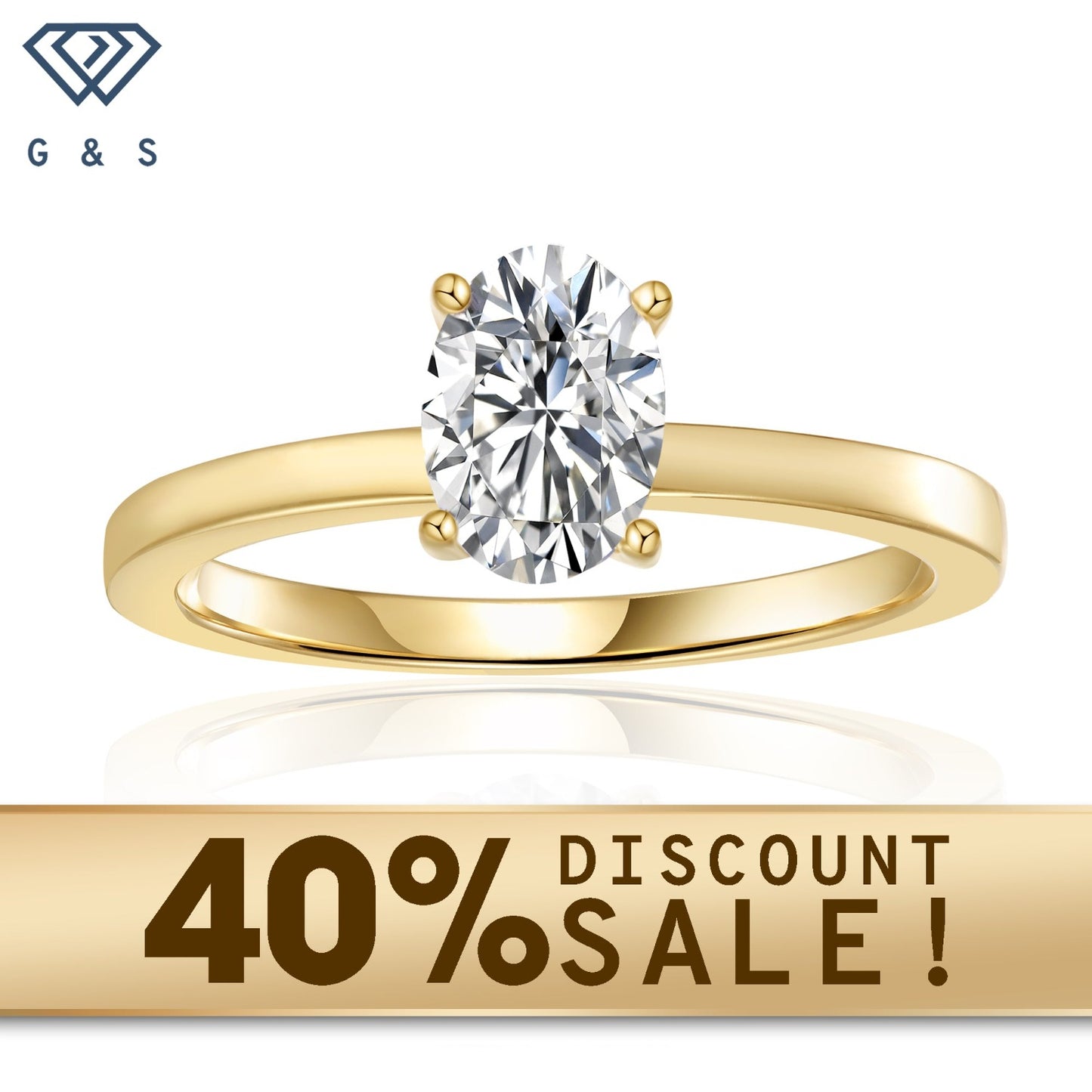 A 1.00ct oval moissanite shines in a simple 4-claw setting on a warm 9ct yellow gold band.