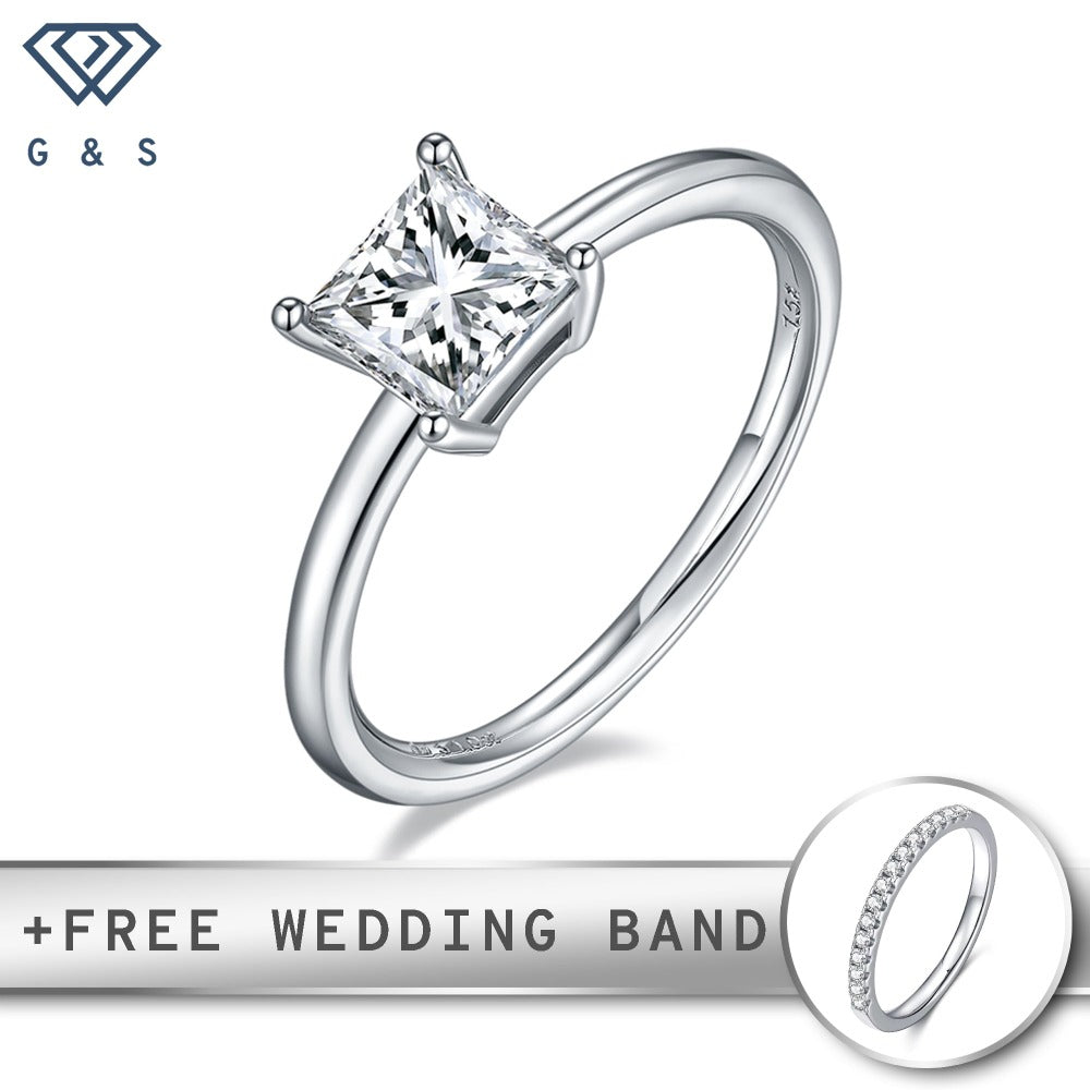 A 1.00ct princess cut moissanite sparkles in a traditional 4-claw setting on a polished sterling silver band.