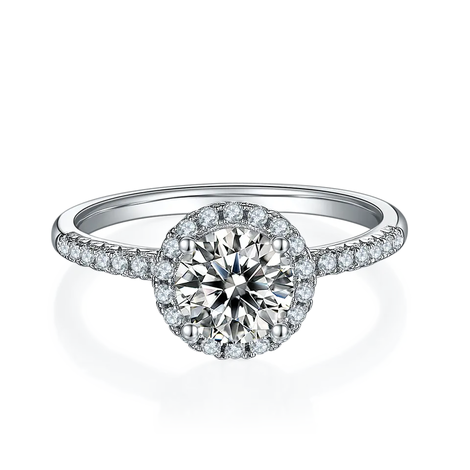 A beautiful ring showcasing a brilliant 1.00ct moissanite with a classic halo setting.