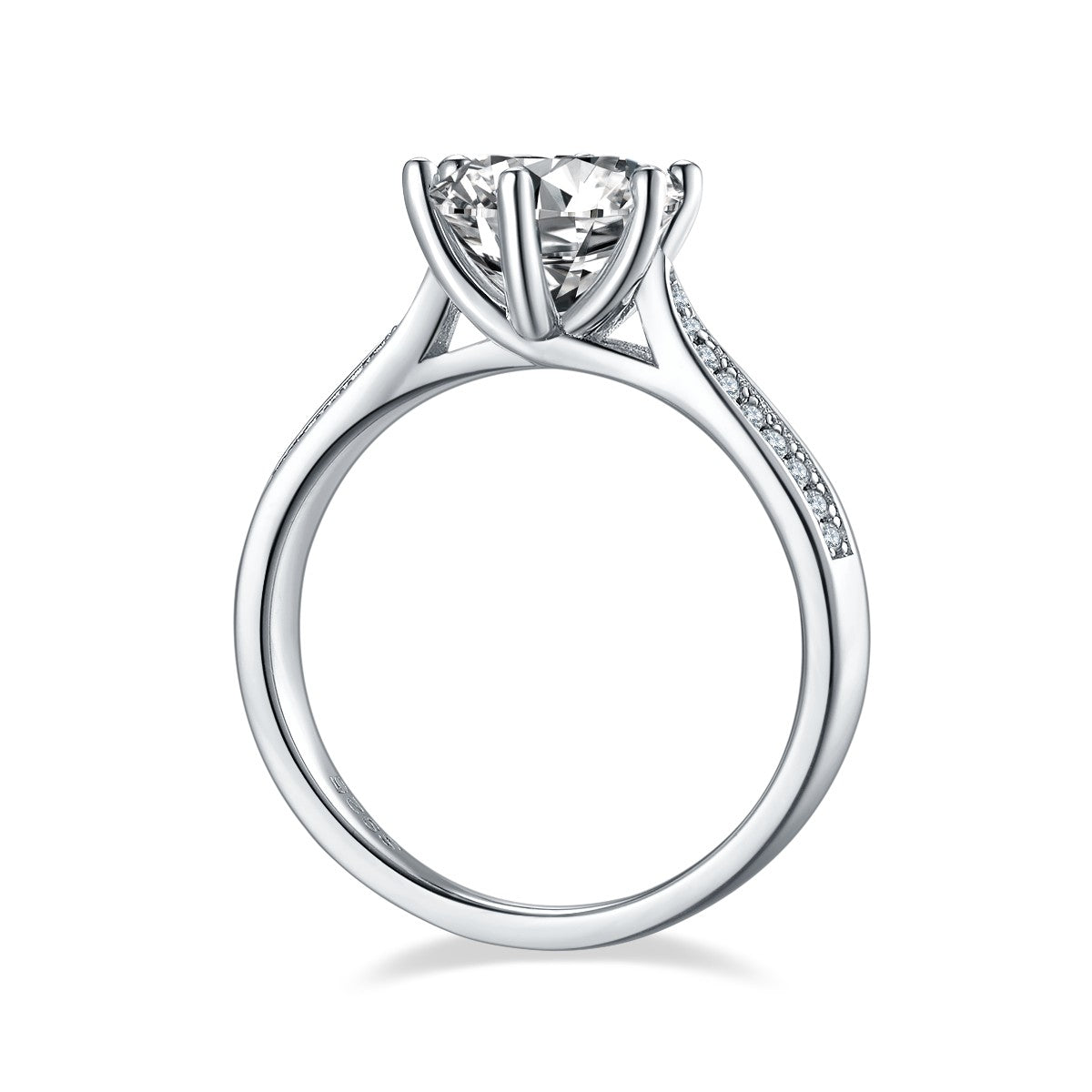 A classic halo design enhances the brilliance of a 2.00ct moissanite, surrounded by a pave setting in a sterling silver band.