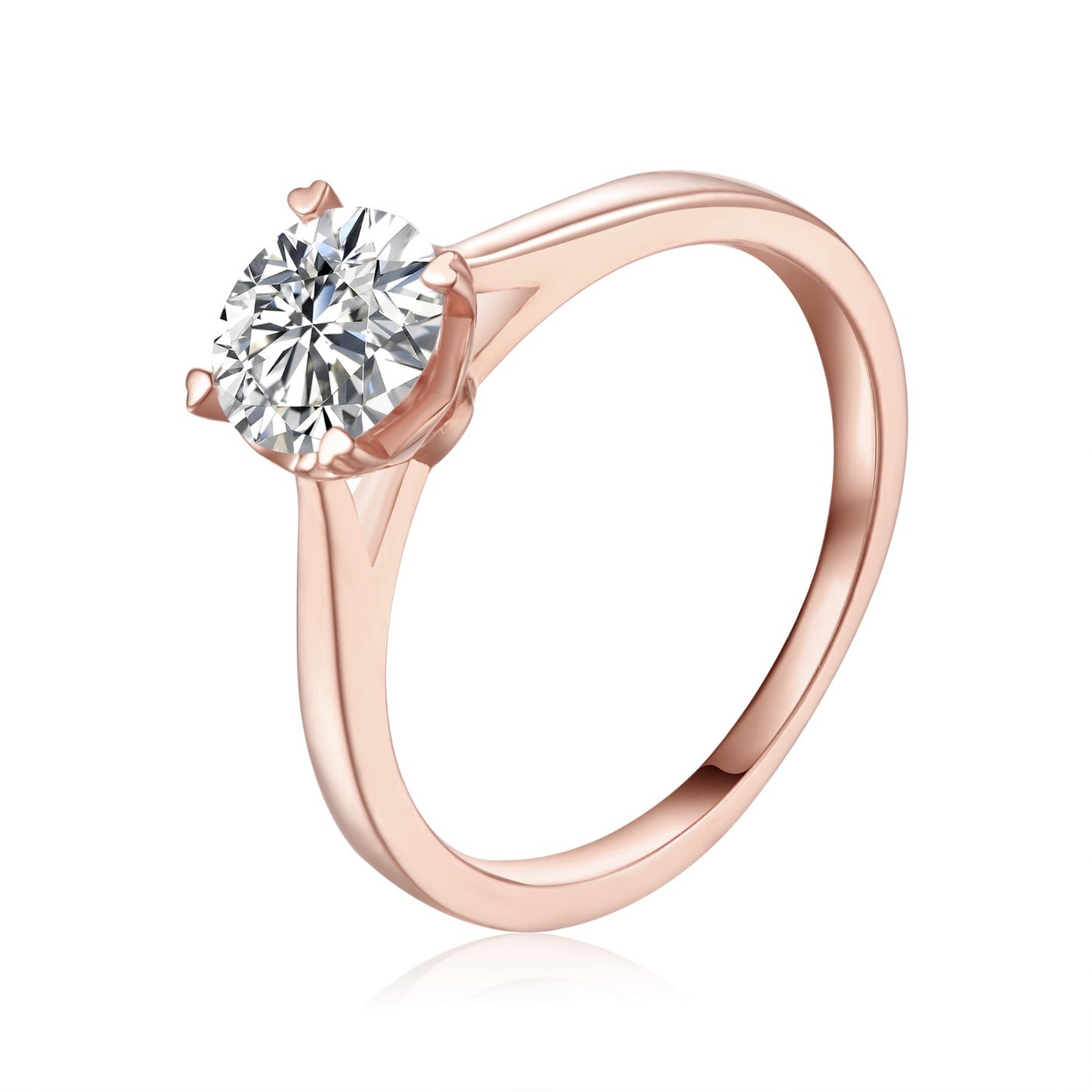 Elegant 9ct rose gold engagement ring showcasing a 1.00ct heart-shaped moissanite in a classic 4-prong solitaire setting.