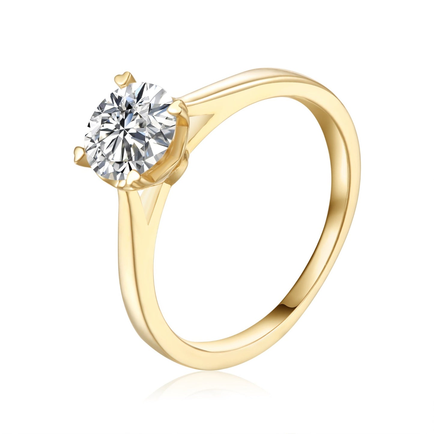 A beautiful and unique engagement ring showcasing a 1.00ct moissanite held by four charming heart-shaped claws.