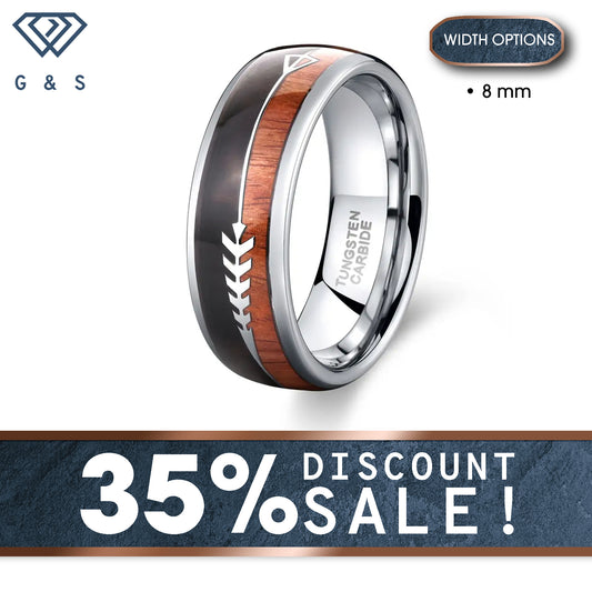 Koa Zebra Wood And Deer Antler Tungsten Carbide Ring with Viking Arrow Detail