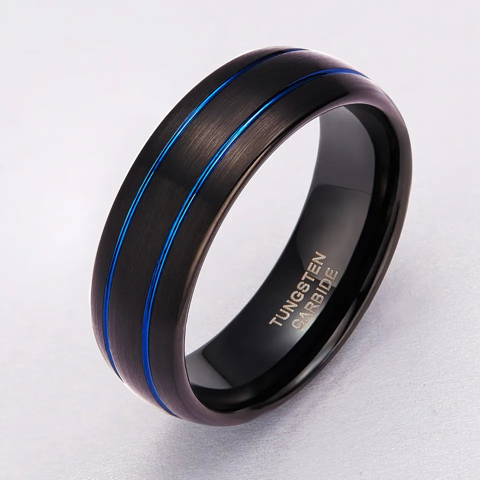 Black Tungsten Ring With Double Blue Grooves
