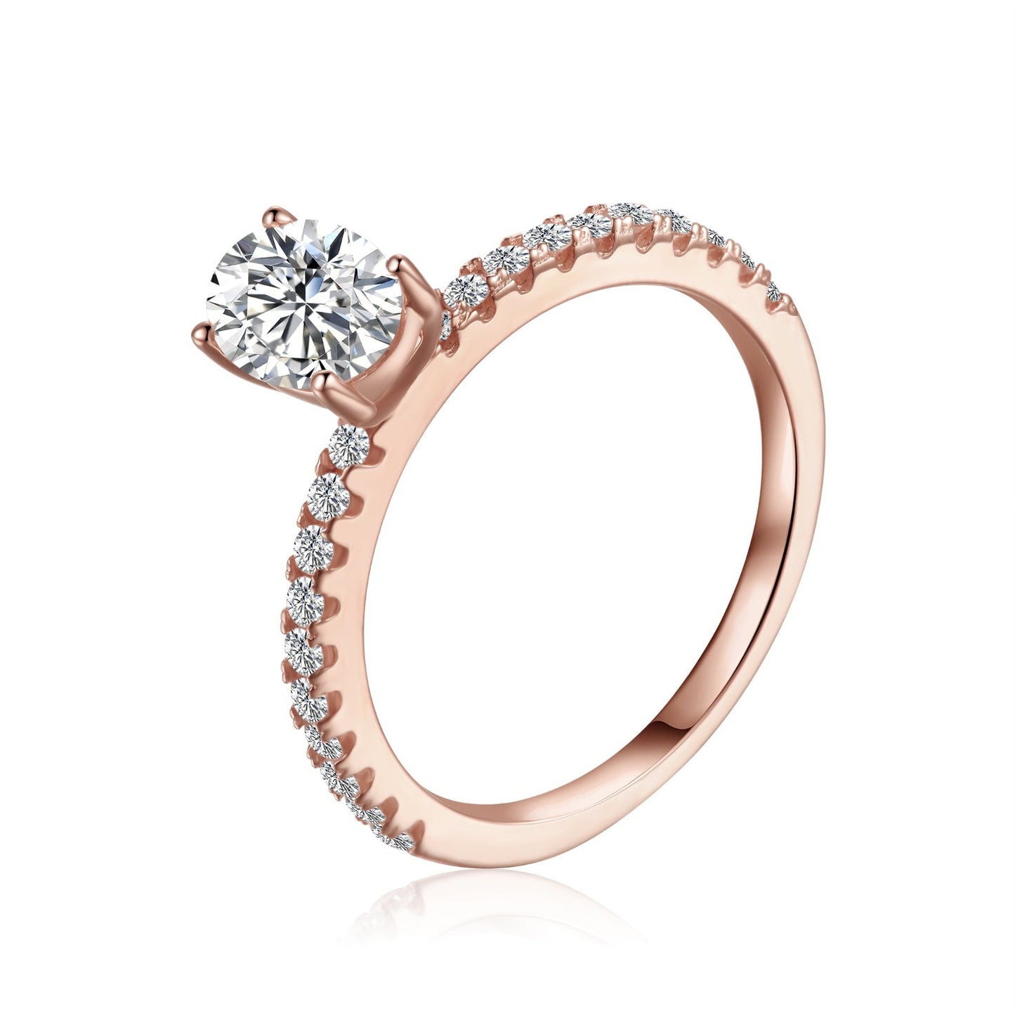 Classic solitaire engagement ring featuring a 1.00ct oval cut moissanite, set in 9ct rose gold.