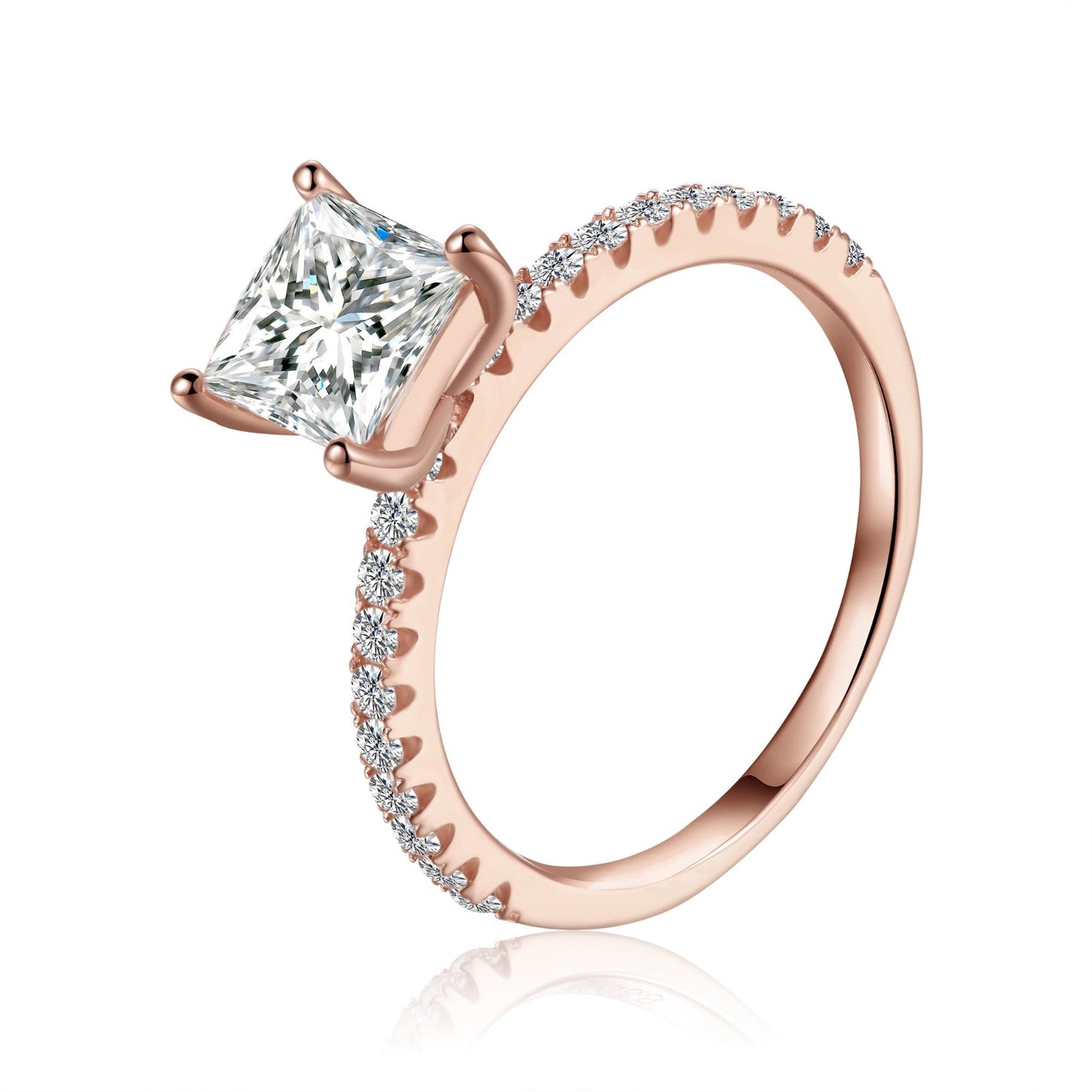 Classic solitaire engagement ring featuring a 1.20ct princess cut moissanite, set in 9ct rose gold.