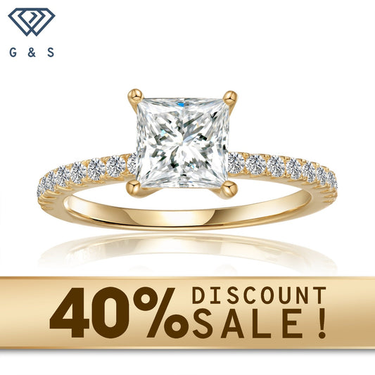 A classic and refined engagement ring featuring a brilliant 1.20ct princess cut moissanite, securely set in a warm and lustrous 9ct yellow gold band, perfect for a timeless symbol of love.