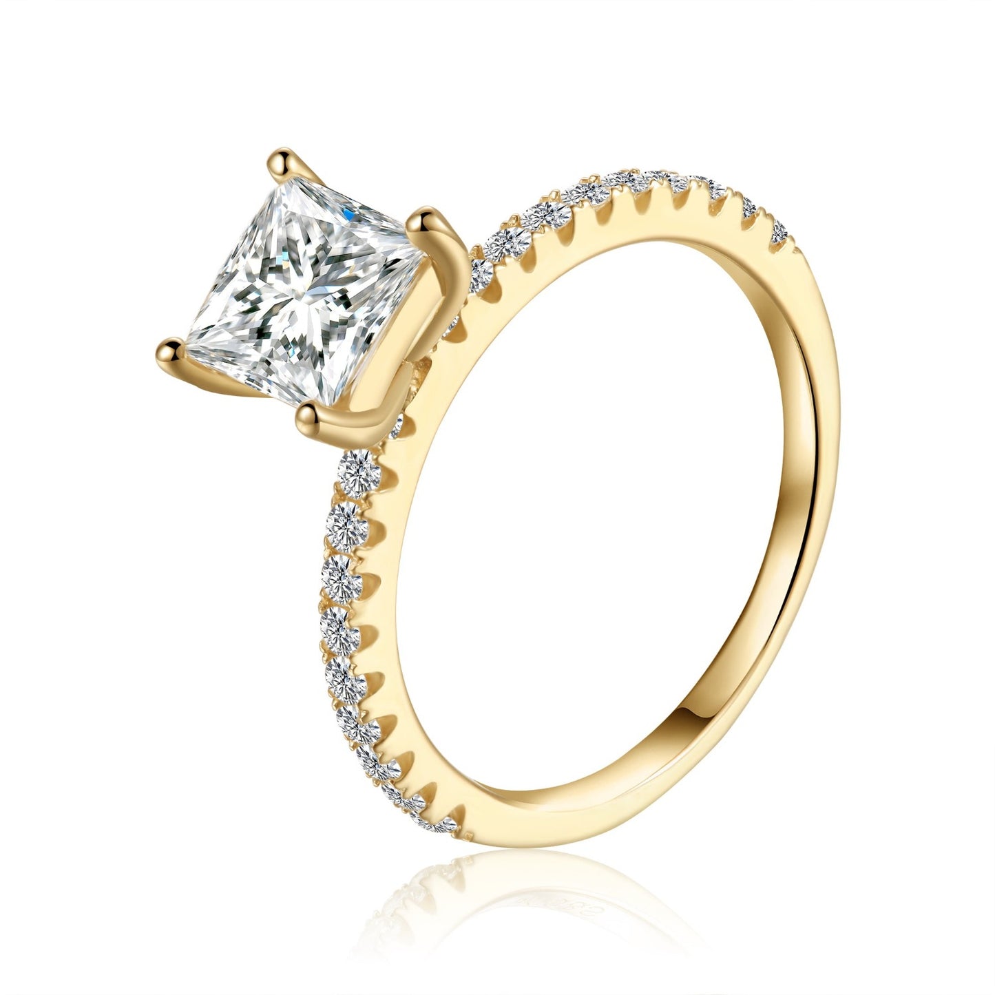 This stunning engagement ring showcases a dazzling 1.20ct princess cut moissanite, its sharp facets catching the light with exceptional brilliance, presented in a simple yet elegant 9ct yellow gold setting.
