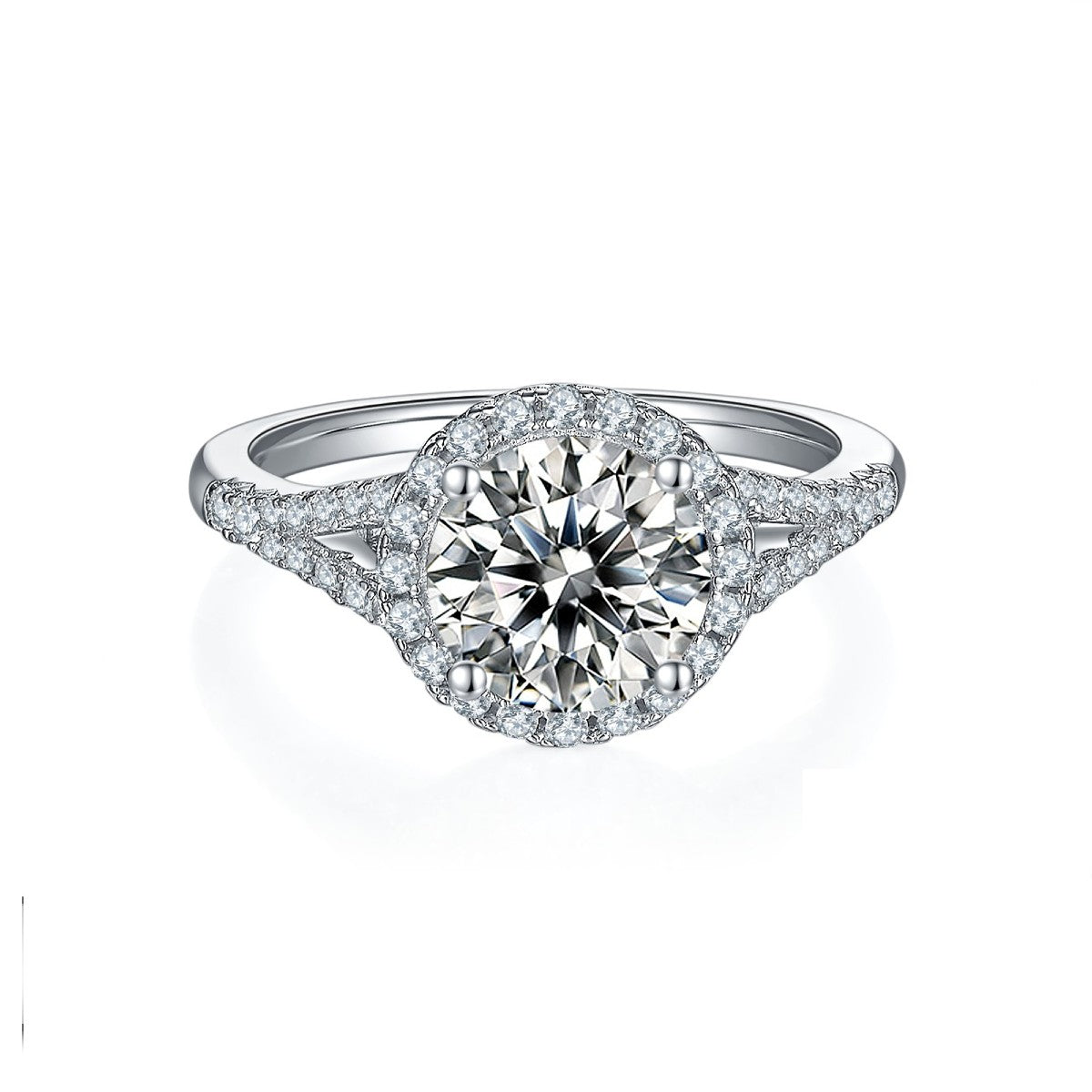 A beautiful ring showcasing a 2.00ct moissanite with a dazzling halo setting.
