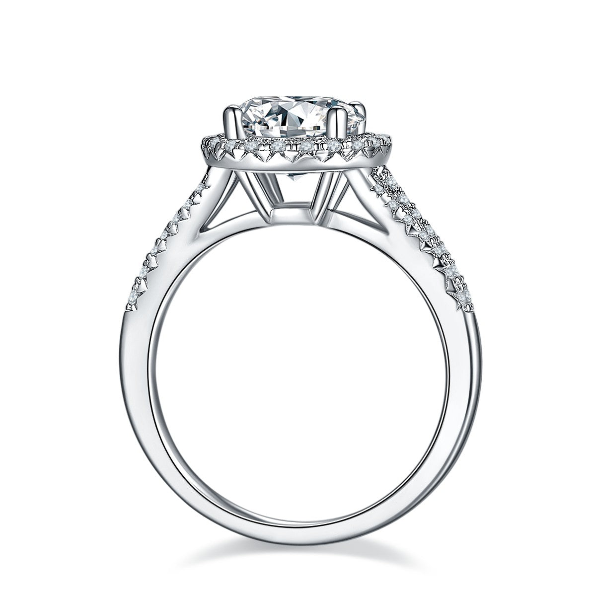 A close-up view of a 2.00ct moissanite ring with a halo and a band featuring intricate detailing.