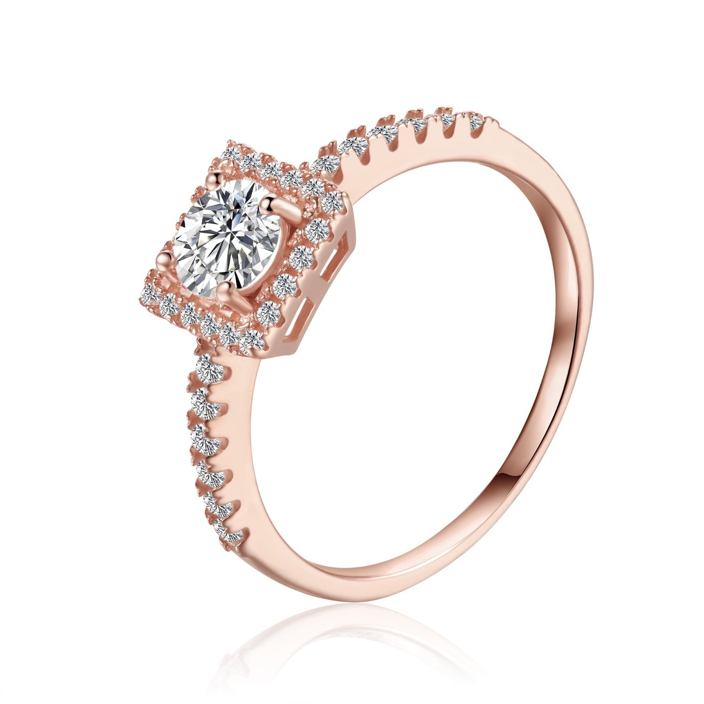 Stunning 9ct rose gold engagement ring showcasing a 0.50ct moissanite surrounded by a sparkling halo.