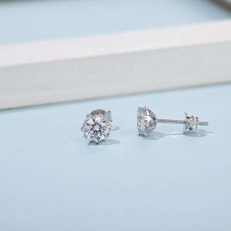Snowflake 6 Claw Moissanite Stud Earrings Set in Sterling Silver