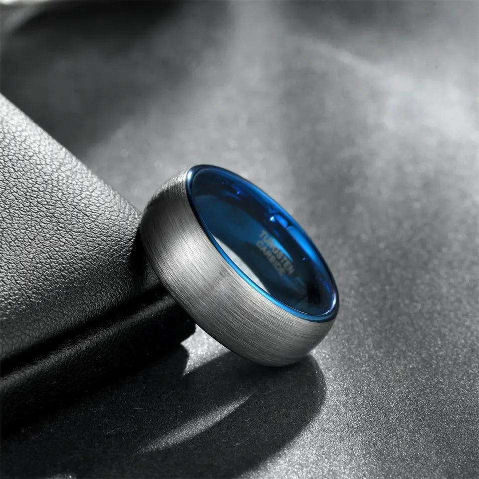 Dome Shaped Tungsten Carbide Ring With Brushed Finish & Blue Inner