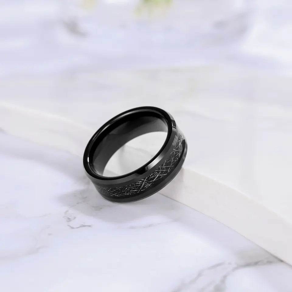 Black Beveled Edge Tungsten Carbide Ring with Silk Inlay