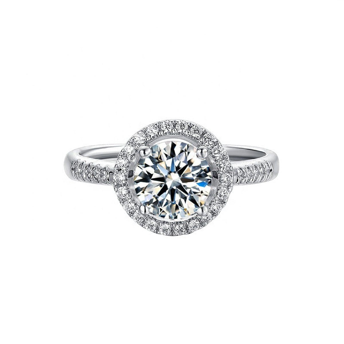 This 9ct white gold ring features a 1.00ct moissanite embraced by a unique heart-shaped halo design.