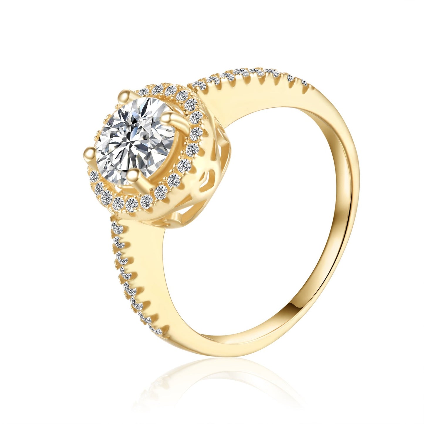 This 9ct yellow gold ring features a brilliant 1.00ct moissanite surrounded by a delicate heart-shaped halo.