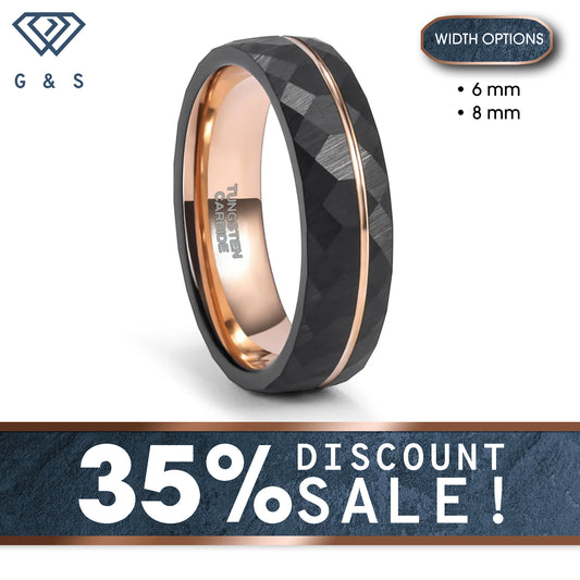 Hammered Finish Rose Tungsten Carbide Grooved Ring