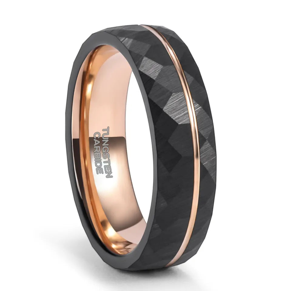 Hammered Finish Rose Tungsten Carbide Grooved Ring