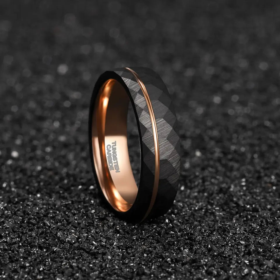 Hammered Finish Rose Tungsten Carbide Grooved Ring