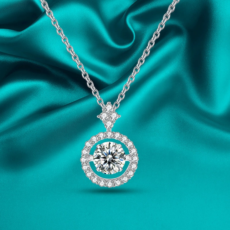 Classic Halo Dancing Moissanite Pendant Set in Sterling Silver