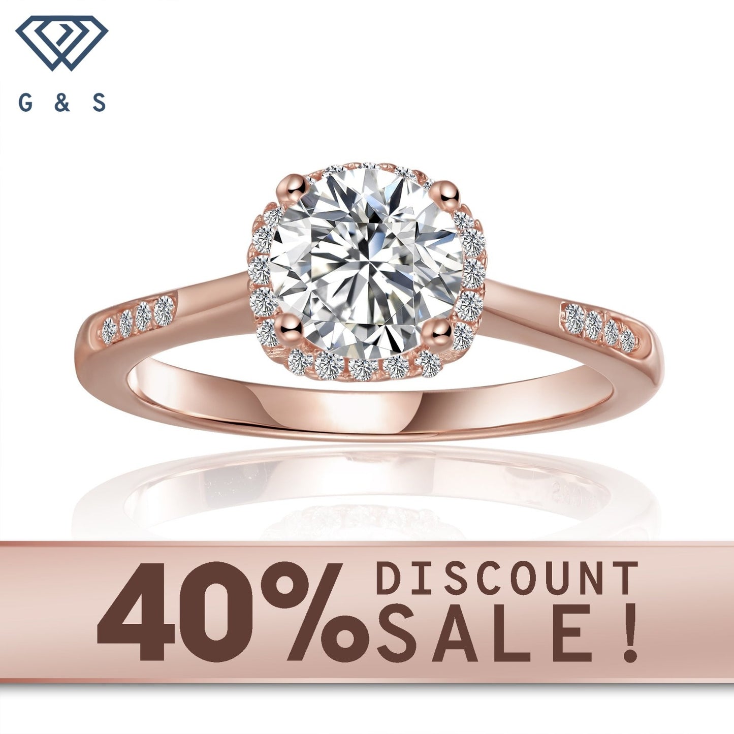 Modern halo engagement ring featuring a 1.00ct moissanite, set in 9ct rose gold with a contemporary halo design.