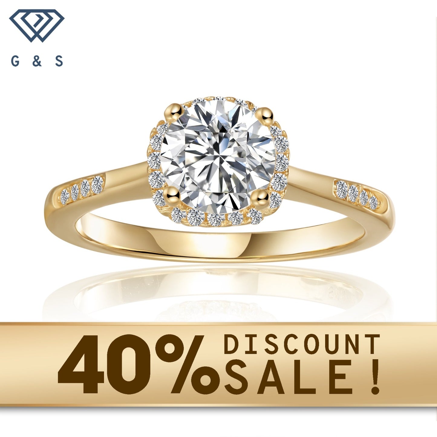 A contemporary engagement ring featuring a dazzling 1.00ct moissanite center stone, meticulously set within a delicate pave halo of smaller moissanites, all crafted in polished, warm 9ct yellow gold. The ring boasts a sleek, modern design with clean lines and a comfortable band, perfect for everyday wear.