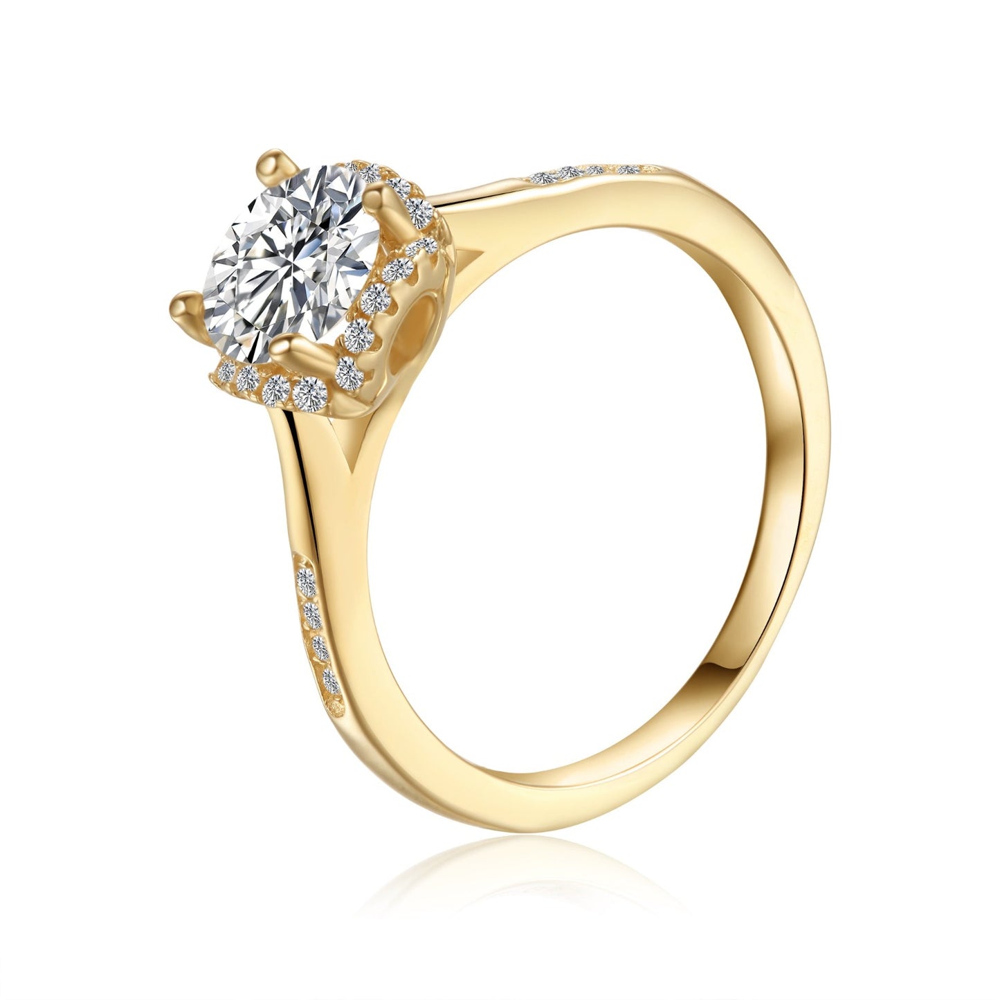 A stylish engagement ring showcasing a brilliant 1.00ct moissanite center stone, surrounded by a modern halo setting that enhances its sparkle. The ring features a contemporary split shank design, adding a unique and eye-catching element to the polished 9ct yellow gold band. The halo and shank are adorned with pave-set moissanites, creating a truly luxurious and radiant piece.