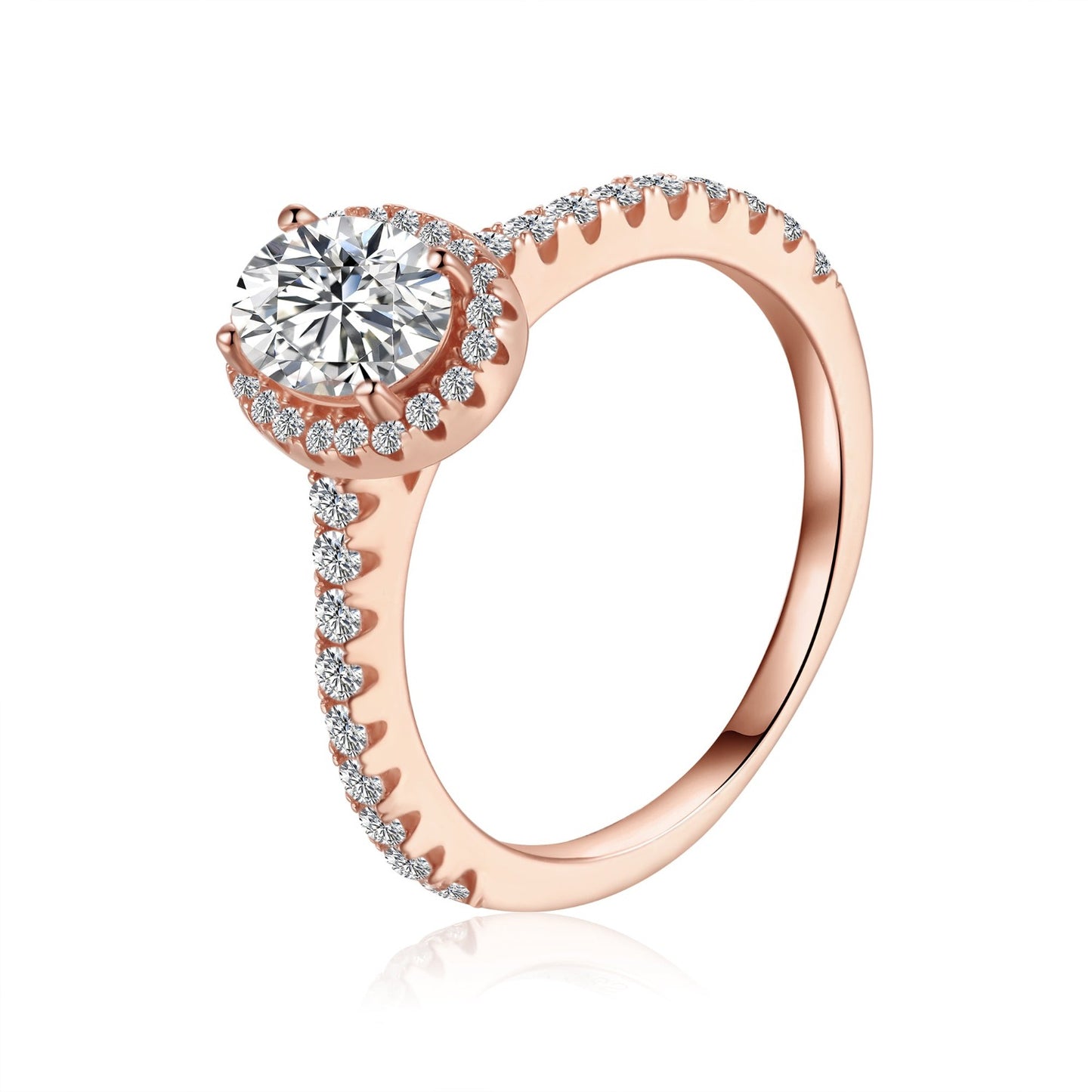 Stunning 9ct rose gold engagement ring showcasing a 1.00ct oval cut moissanite surrounded by a delicate halo.