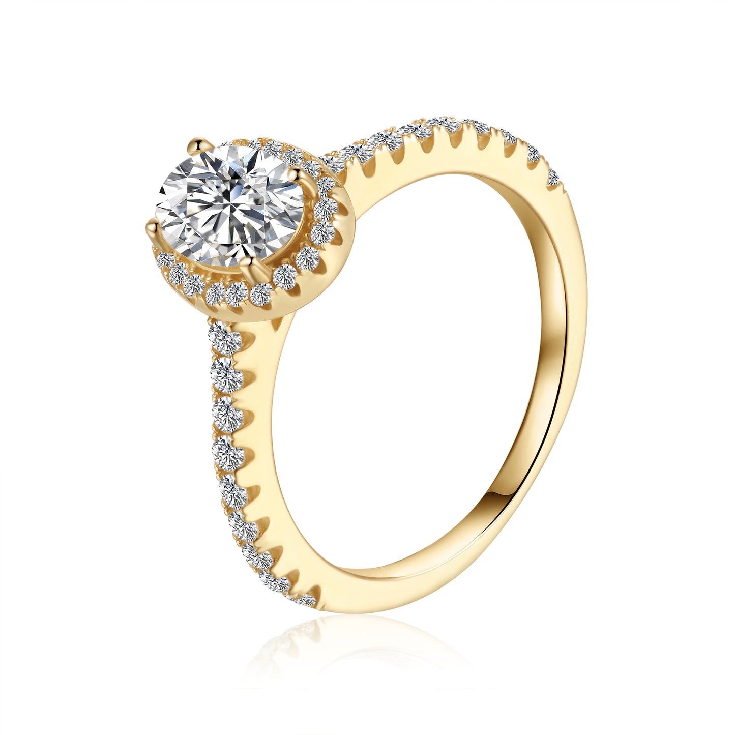 A luxurious 9ct yellow gold engagement ring showcasing a 1.00ct oval-cut moissanite, meticulously set within a dazzling halo, exuding timeless sophistication and capturing the essence of true love.