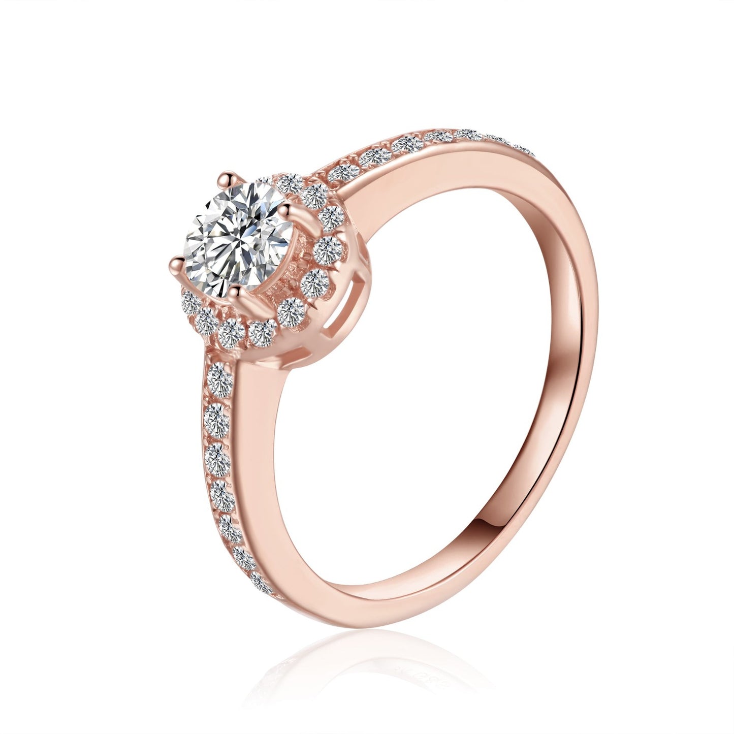 Elegant 9ct rose gold engagement ring featuring a 0.50ct moissanite surrounded by a sparkling pave halo.